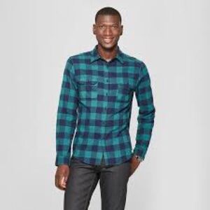 GAP Men's Checked‎ Flannel Shirt Untucked Style SZ XL Green Blue Plaid